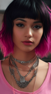 A young woman with black and pink hair, dressed in a pink top and ornate necklaces, standing in an artistic workshop, with an abstract line pattern in the background.