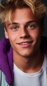 A smiling young man with blond hair, dressed in a light blue jacket and a purple hoodie, with a dark pattern and abstract line pattern on the right in the background.